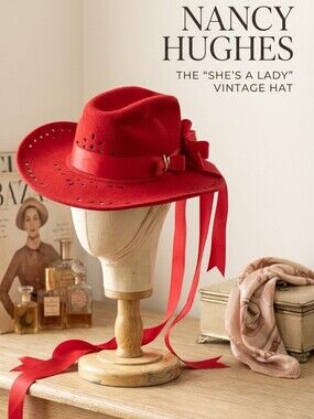 100% Wool red hat, Nancy Hughes Hat Company, decorative cutout design